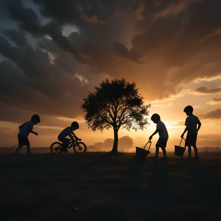 Silhouette of family with bicycle and tree at sunset background.の素材