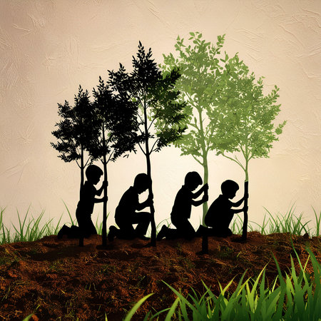 Family planting trees in the garden. Conceptual image for nature conservation.の素材