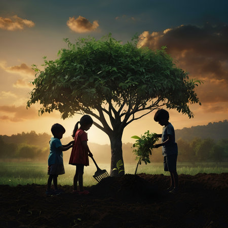 Silhouette of children planting trees in the garden at sunset.の素材