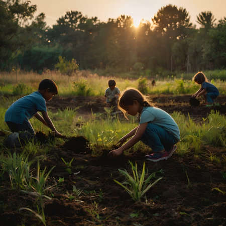 Group of children planting vegetables in the garden at sunset. Selective focus.の素材