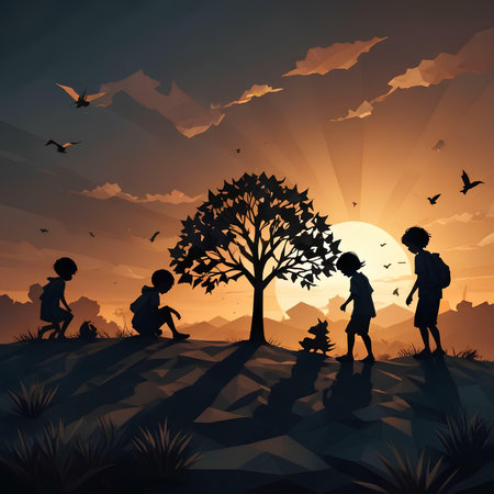 Silhouette of children in nature at sunset. Vector illustration.の素材
