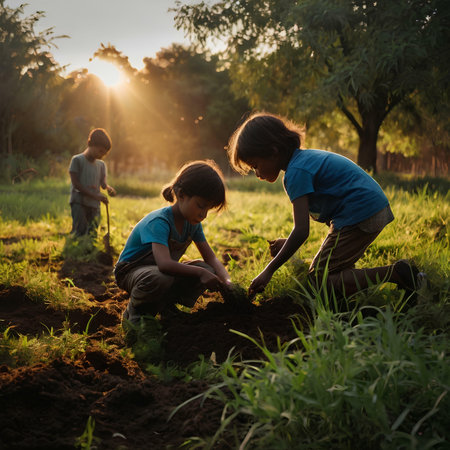 Group of asian children planting tree in the garden at sunset.の素材