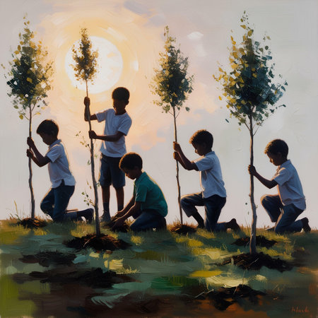 Group of children planting trees in the countryside. Illustration painting style.の素材