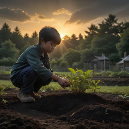 Asian boy planting a tree in the garden with sunset sky background.の素材