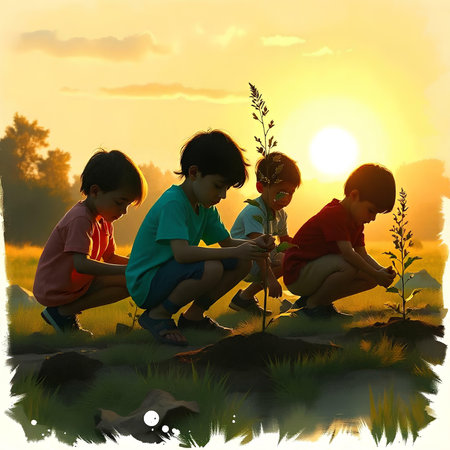 Children planting trees in the meadow at sunset. Illustration.の素材