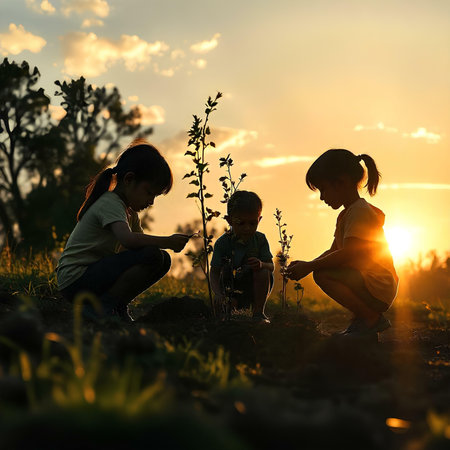 Mother and two children are planting trees in the garden at sunset.の素材