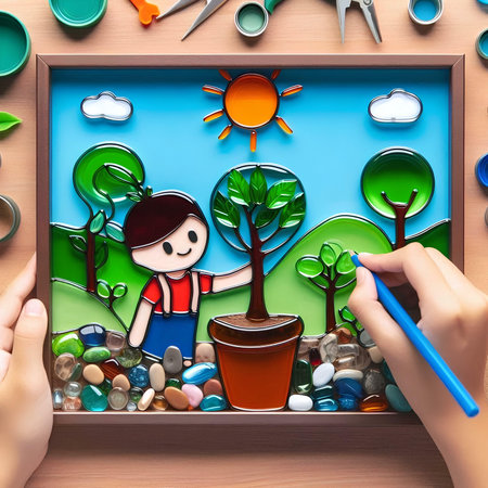 Children's drawing in a wooden box. The concept of children's creativity.の素材