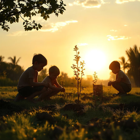 Children planting tree in the garden at sunset. Concept of happy family.の素材