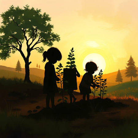 Silhouette of children planting trees in the forest at sunset illustrationの素材
