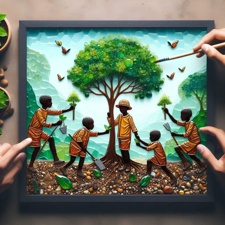 Group of people planting tree on nature background. Environment conservation concept.の素材