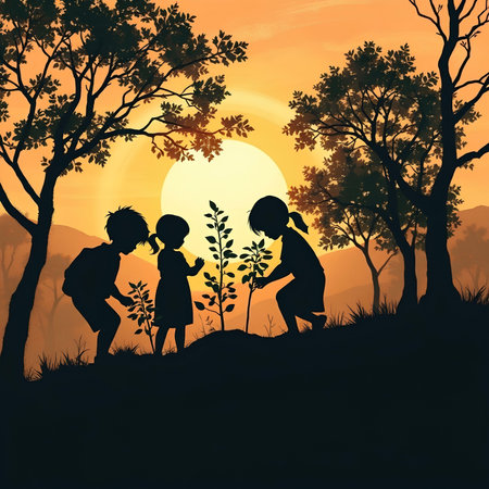 Silhouette of family in the forest at sunset. Vector illustration.の素材