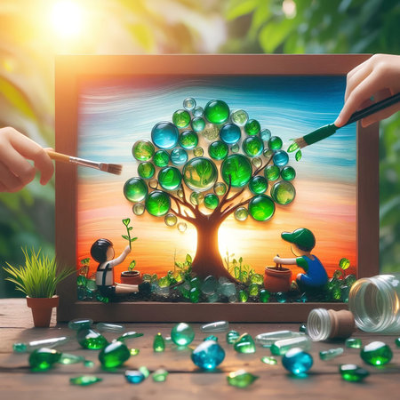 Eco concept. Hand holding paintbrush and painting a tree on wood backgroundの素材