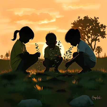 Children planting trees in the meadow at sunset. Conceptual illustrationの素材