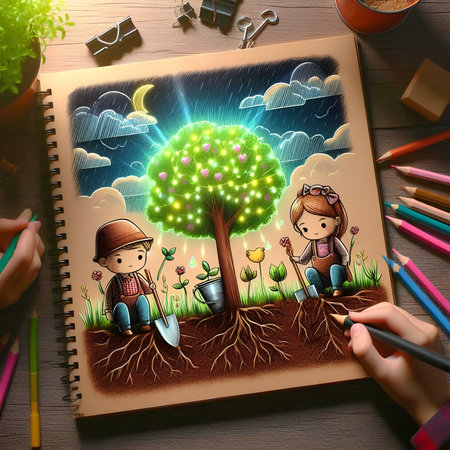 Children's drawing in a notebook on a wooden background. The concept of children's creativity.の素材