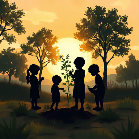 Silhouette of children planting trees in the forest at sunset.の素材