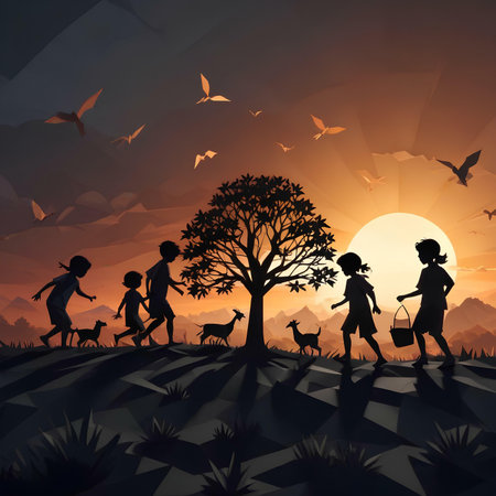 Children playing with dog in the park at sunset, vector illustration.の素材