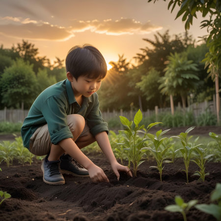 Asian boy planting a pepper seedlings in the garden at sunset.の素材