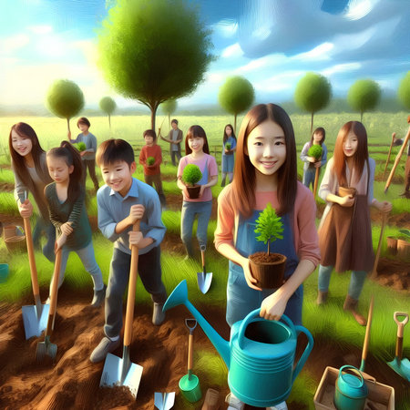 Group of people planting trees in the garden, 3d illustration.の素材