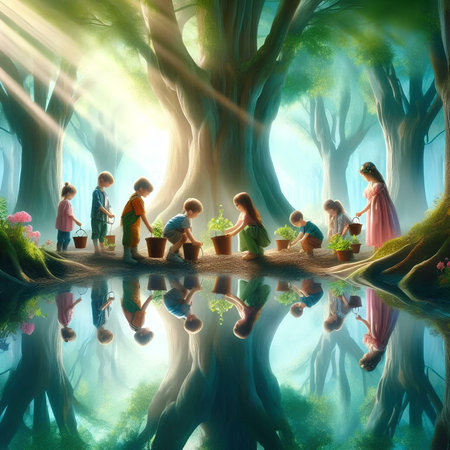 Group of children with bucket and watering can in the magical forest.の素材