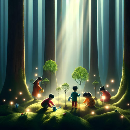 Children and trees in the forest with light rays coming from above illustrationの素材