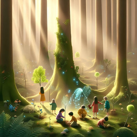 Children playing in fantasy forest with trees and fairy lights. 3D renderingの素材