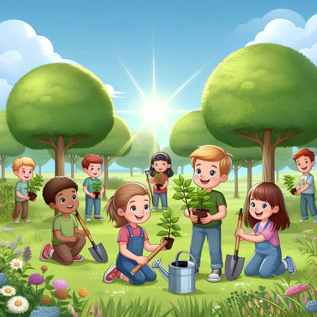 Group of happy kids planting trees in the garden. Cartoon vector illustration.の素材