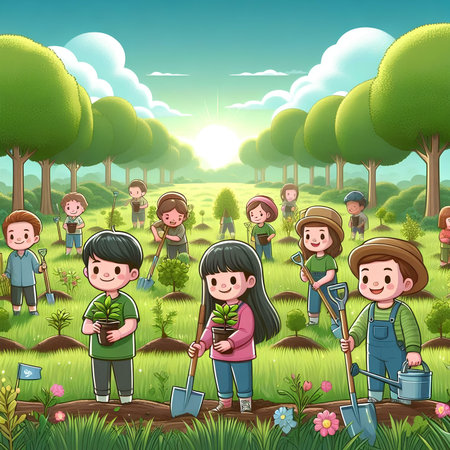 Group of children planting tree in the garden. Cartoon vector illustration.の素材