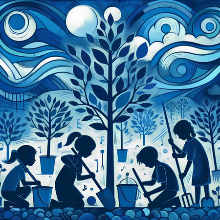 Children planting trees in the garden. Vector illustration in blue colors.の素材