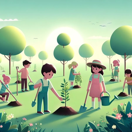 Group of children planting trees in the garden. Vector Illustration.の素材