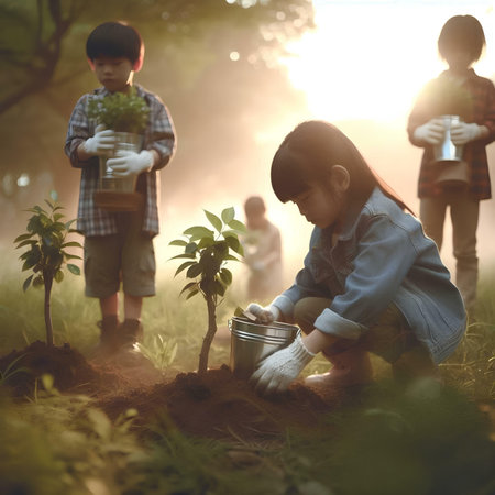 Children planting trees in the garden at the morning. Nature concept.の素材