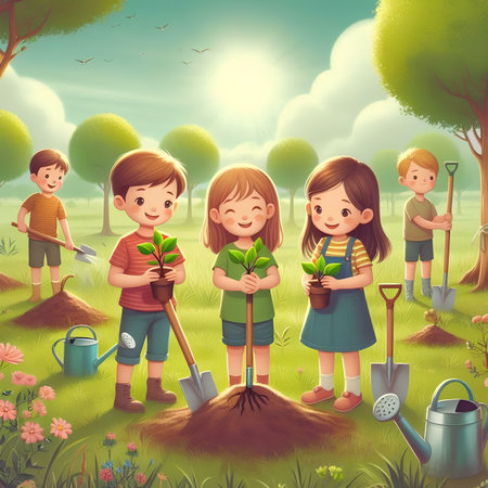 Cartoon children planting seedlings in the garden - illustration for childrenの素材