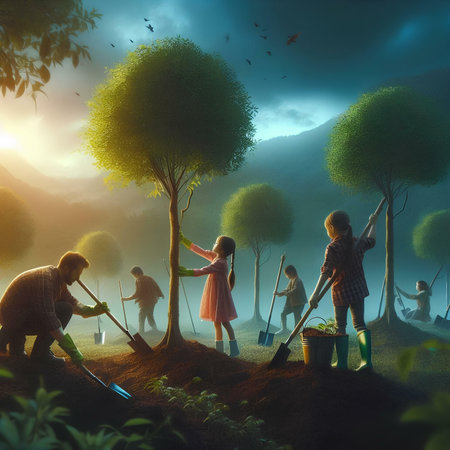 Group of children working in the garden at sunset. Conceptual illustration.の素材