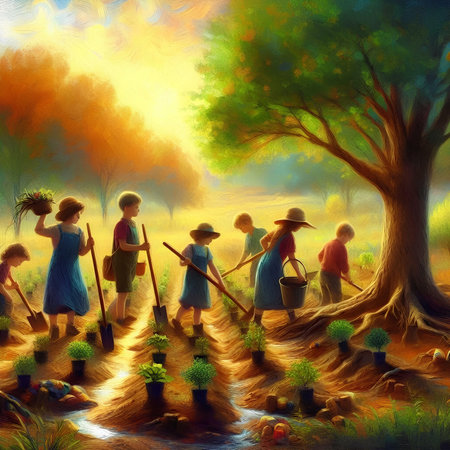 Illustration of children working in the field on a sunny autumn dayの素材