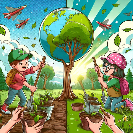Children planting trees in the garden. Vector illustration of children planting trees.の素材