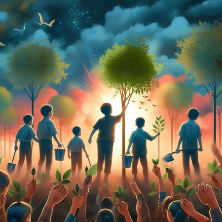 Group of people planting trees in the forest. Environment conservation concept.の素材