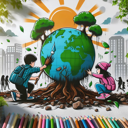 Children drawing earth with colored pencils. Earth Day concept. Vector illustration.の素材
