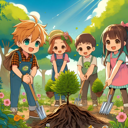 Illustration of a group of children planting trees in the garden.の素材