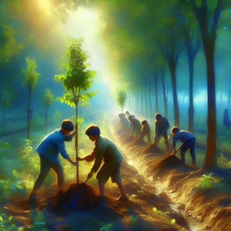 People planting trees in the forest. Digital painting. Illustration.の素材