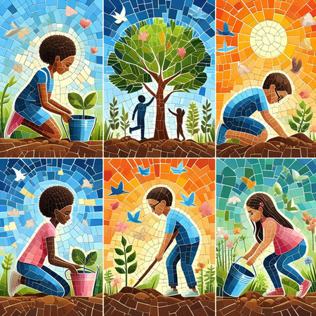 Set of illustrations in the style of stained glass with a girl planting a tree and watering plants.の素材