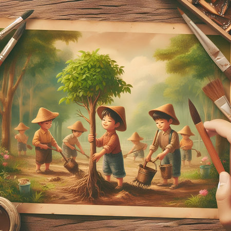 Farmers planting trees in the garden. Concept of gardening and agriculture.の素材