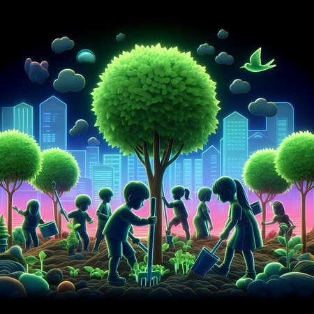 People planting a tree in the garden. Conceptual vector illustration.の素材