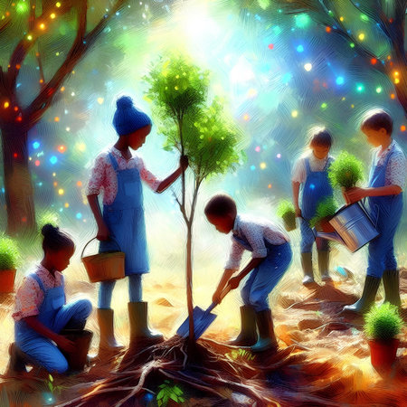 Children are planting trees in the garden. Illustration of children planting trees.の素材