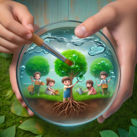 Child's hand holding a brush painting a tree in a petri dishの素材