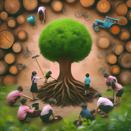 Group of people planting a tree in the garden. Conceptual imageの素材
