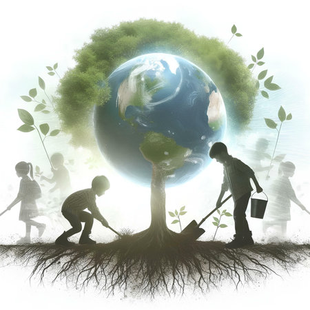 Earth Day concept. Group of people planting trees in the garden.の素材