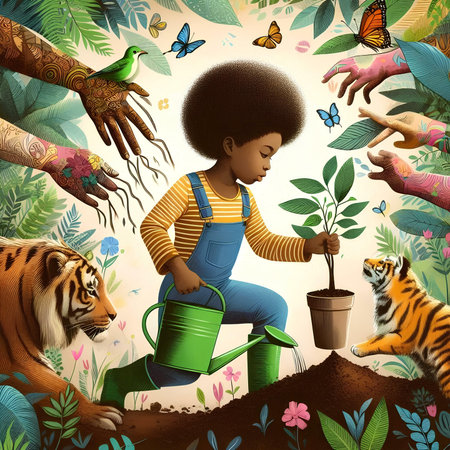 African american girl watering plants in the garden with her hands. Vector illustration.の素材