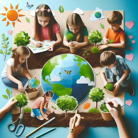 Ecology Environment Save The Earth Concept. Group of Kids Drawing Globeの素材
