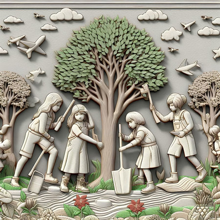 Children in the garden with a tree. 3D illustration. Paper cut style.の素材
