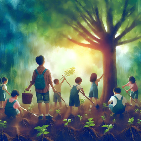 Children planting trees in the forest. Children are planting trees in the forest.の素材