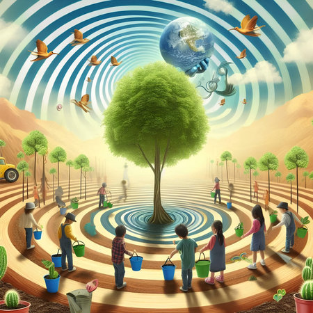 People working in the garden with a tree and the earth in the centerの素材